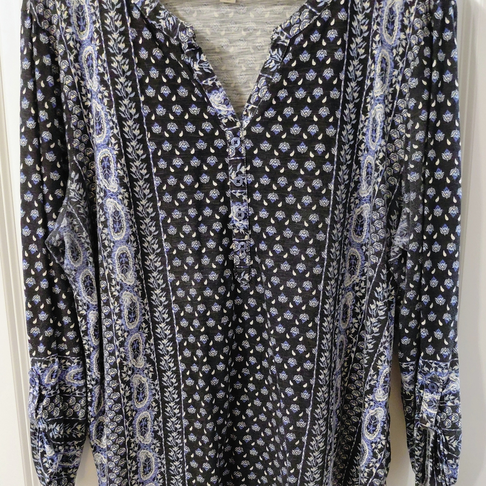 Style & Co. Black and Blue Printed Long-Sleeve Blouse